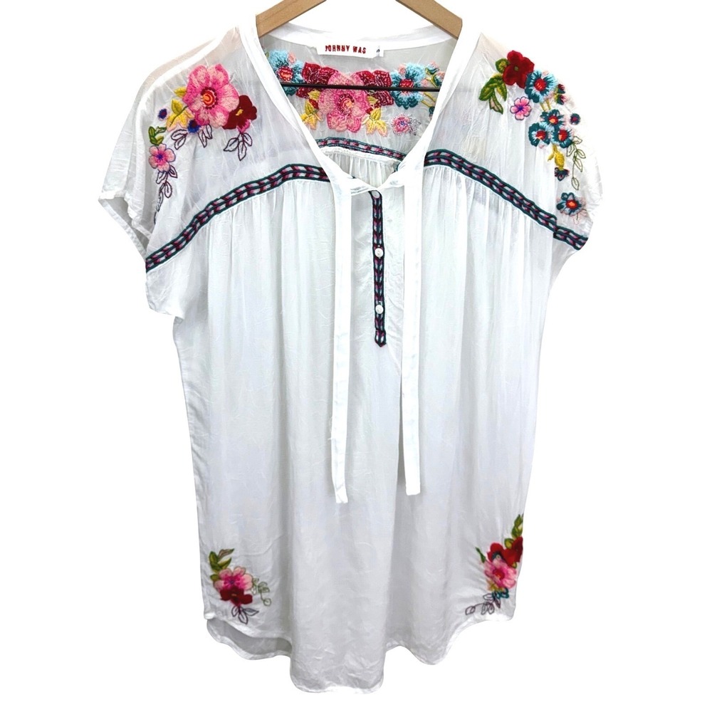 Johnny Was Womens Size S Floral Embroidered Tunic White Boho Peasant Cottagecore
